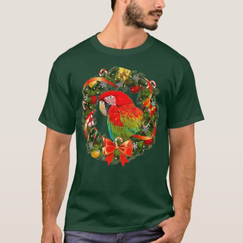 Greenwing Macaw Parrot Christmas Wreath T_Shirt