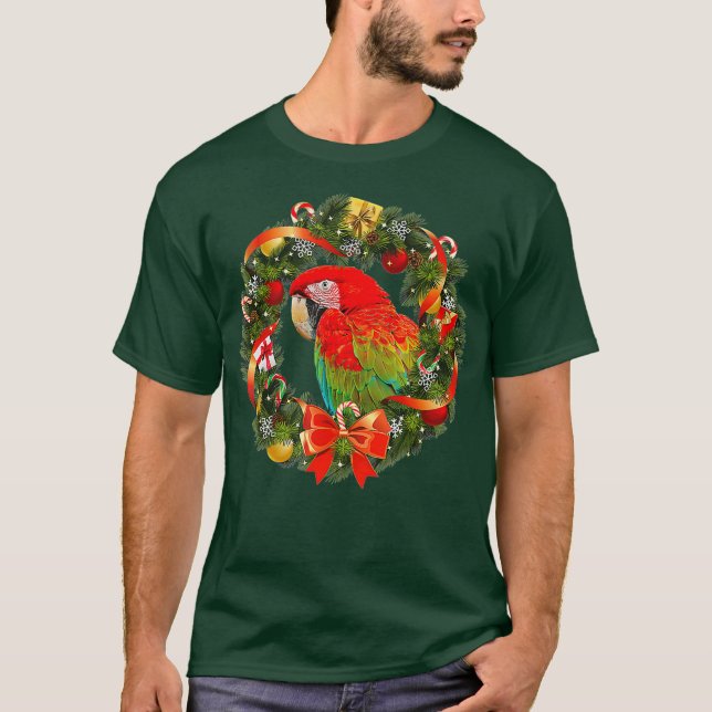 Greenwing Macaw Parrot Christmas Wreath T-Shirt (Front)