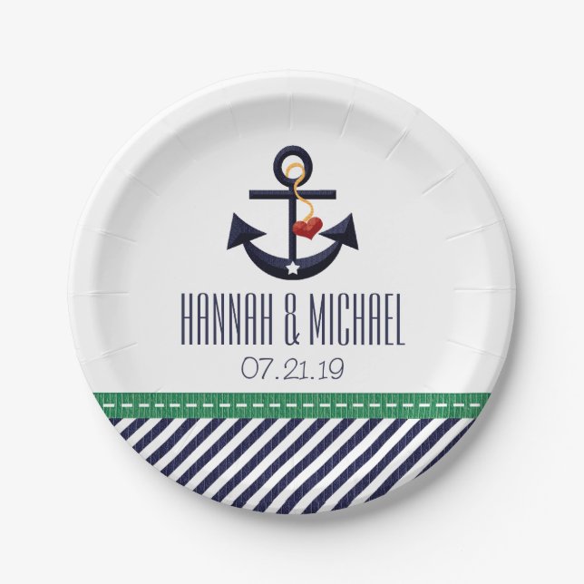 Greeny and Navy Blue Nautical Anchor Wedding Paper Plates (Front)