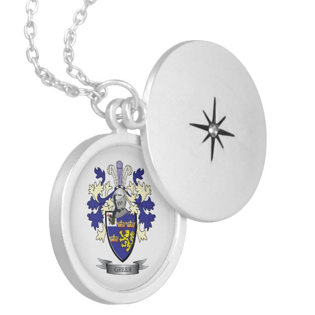 Greer Family Crest Coat of Arms Locket Necklace (Front Left)