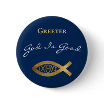 Greeter Christian Church God Is Good Modern Blue Button