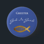 Greeter Christian Church God Is Good Service Button<br><div class="desc">Beautiful elegant purple blue, white and gold design with a happy greeting. Church Greeters can welcome members of your congregation with a warm message that God Is Good. Design includes a gold ΙΧΘΥΣ (ichthys) with the meaning of Jesus Christ, Son Of God. Stylish button for a Usher. A great way...</div>