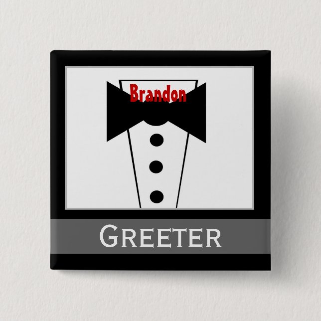 Greeter -  Custom Name Tux Wedding Button (Front)