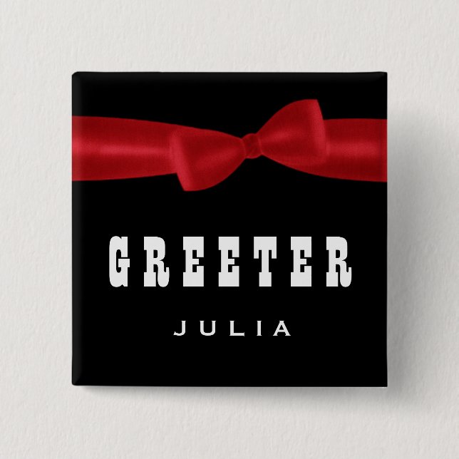 GREETER Wedding Custom Name V02S RED Pinback Button (Front)