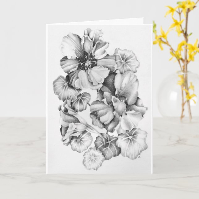 Greeting Card - B&W Nasturtiums (Yellow Flower)