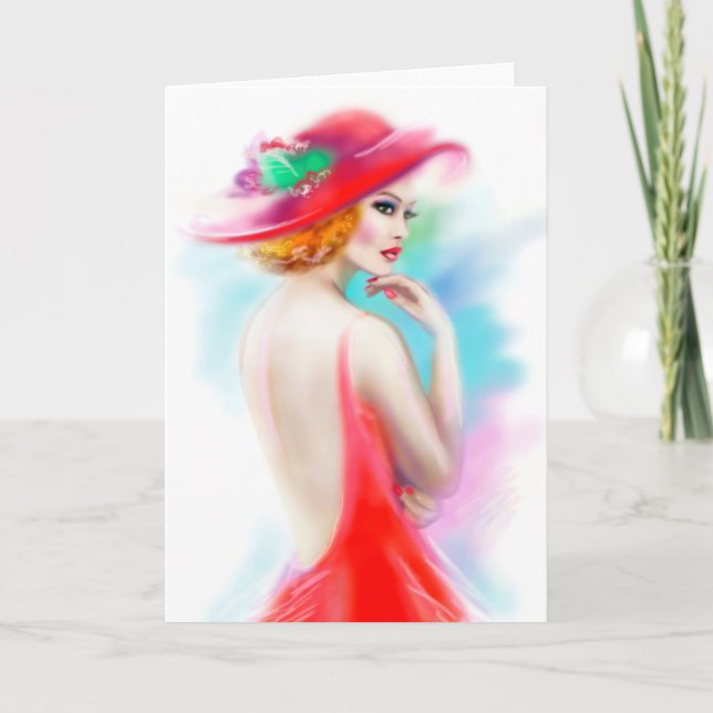 Greeting Card beautiful woman in red hat (Front)