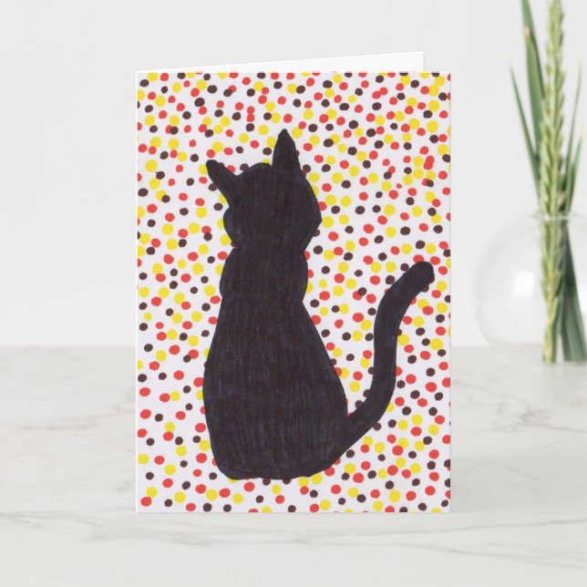 Greeting Card - Black Cat Against Colored Dots (Front)