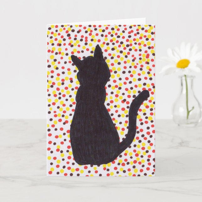 Greeting Card - Black Cat Against Colored Dots (Small Plant)