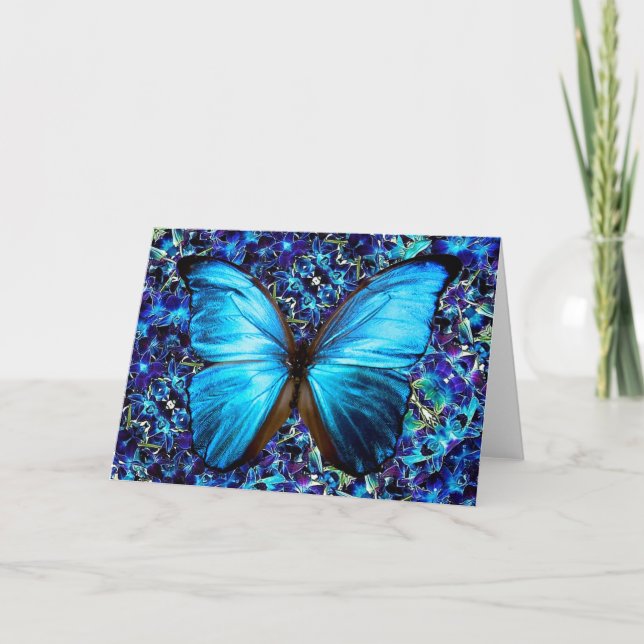 Greeting Card Blue Morpho Butterfly Purple Orchids (Front)