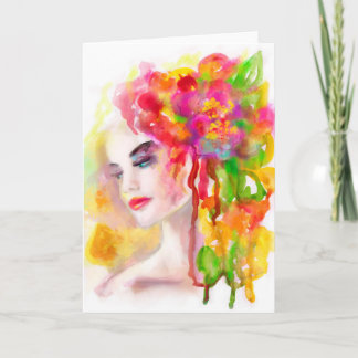 Greeting Card, Drawing water color. Woman spring Card