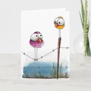 Greeting Card - On The Fence Whimsical Birds