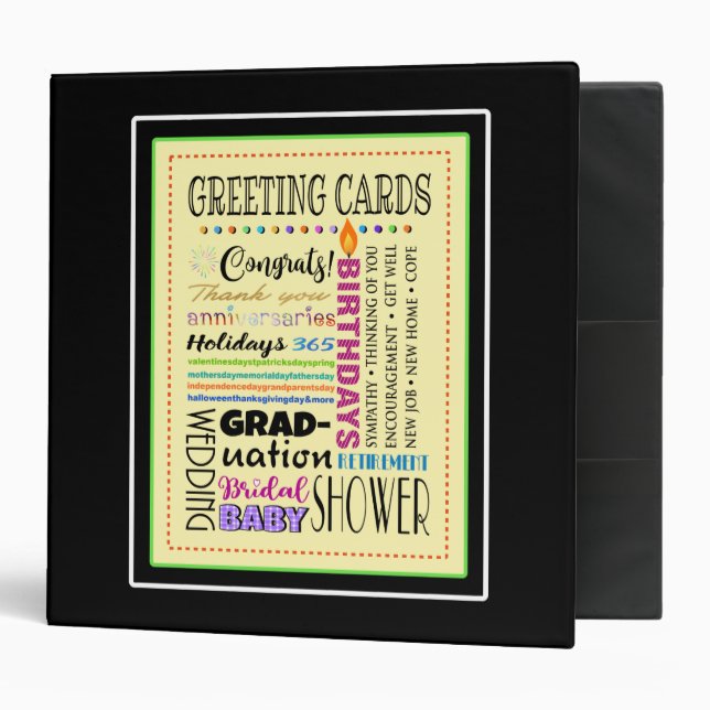 Greeting Card Organizer Birthdays Holidays Grads 3 Ring Binder (Front/Inside)