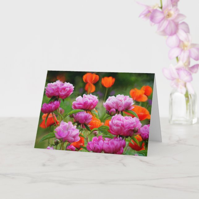 Greeting Card - Pink Peonies & Orange Poppie (Orchid)