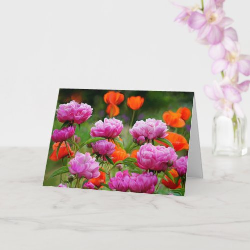 Greeting Card _ Pink Peonies  Orange Poppie