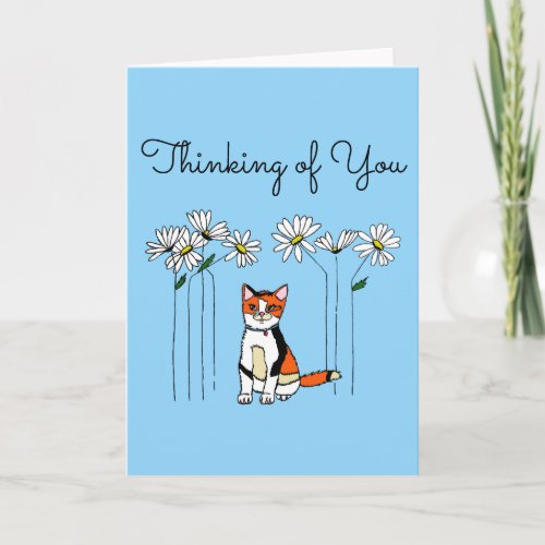 Greeting card with adorable cat and daisies design