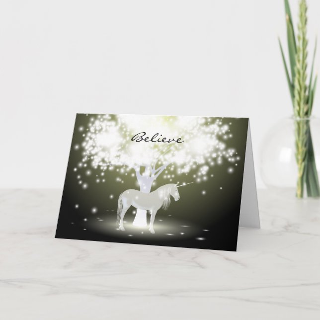 Greeting Card with Fluorescent Tree and Unicorn (Front)