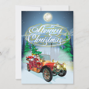 Greeting Christmas card with vintage car and Santa
