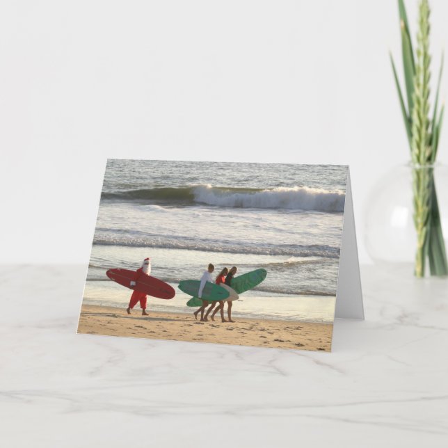 Greeting Inside Santa's and the surfer girls Holiday Card (Front)