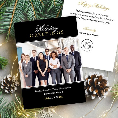 Greetings Black and Gold Business Company Photo Holiday Card