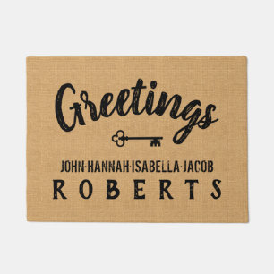 Greetings Burlap Farmhouse Feedsack Personalized Doormat