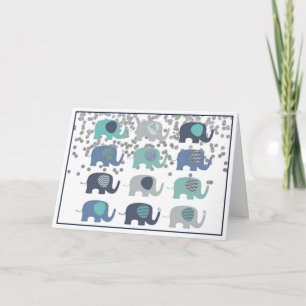 Greetings Card - Blue, Green & Gray Elephants