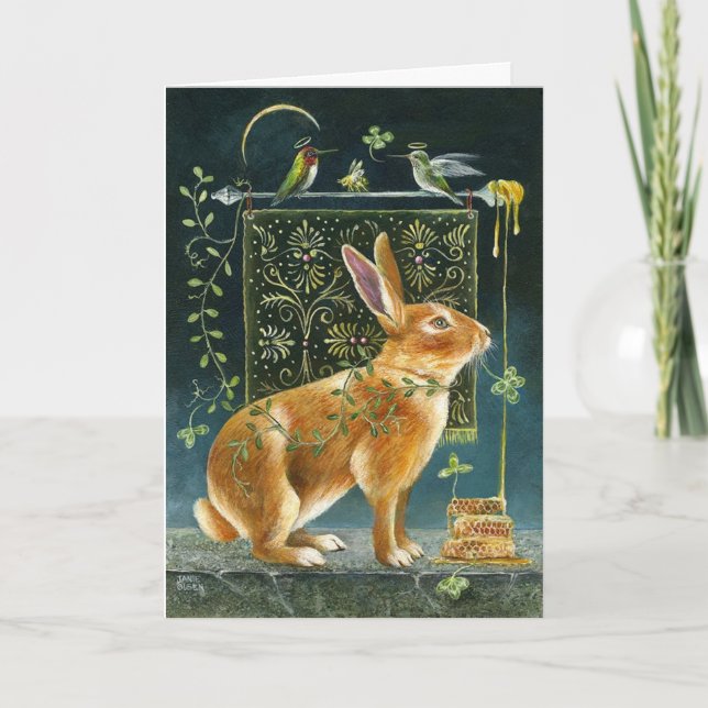 Greetings Card - Whimsical Hare and Hummingbirds (Front)