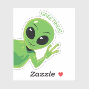 Greetings Cute Green Alien Smiling and Waving Sticker