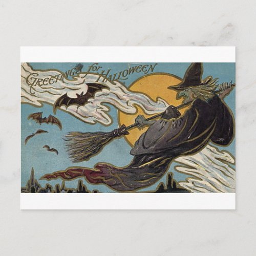 Greetings For Halloween Flying Witch and Bats Postcard