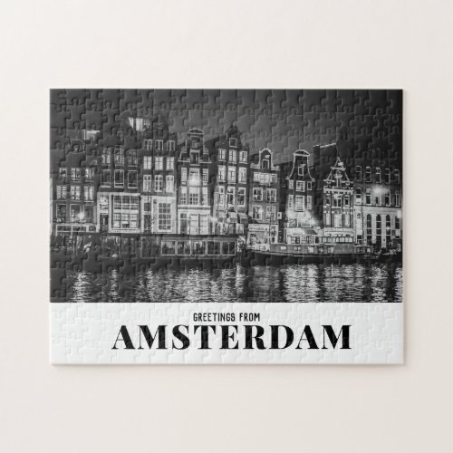 Greetings from Amsterdam Black  White Night Jigsaw Puzzle