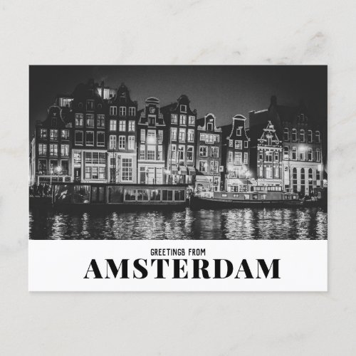 Greetings from Amsterdam Black  White Night Postcard