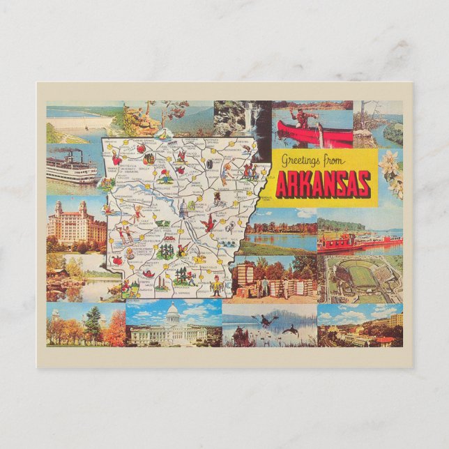 Greetings from Arkansas Vintage Map and Photos Postcard (Front)
