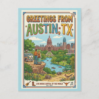 Greetings From Austin TX Retro Colorful Postcard