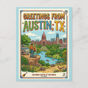 Greetings From Austin TX Retro Colorful Postcard