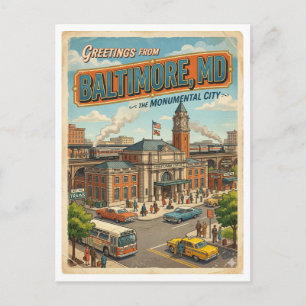 Greetings From Baltimore MD Train Station Retro  Postcard