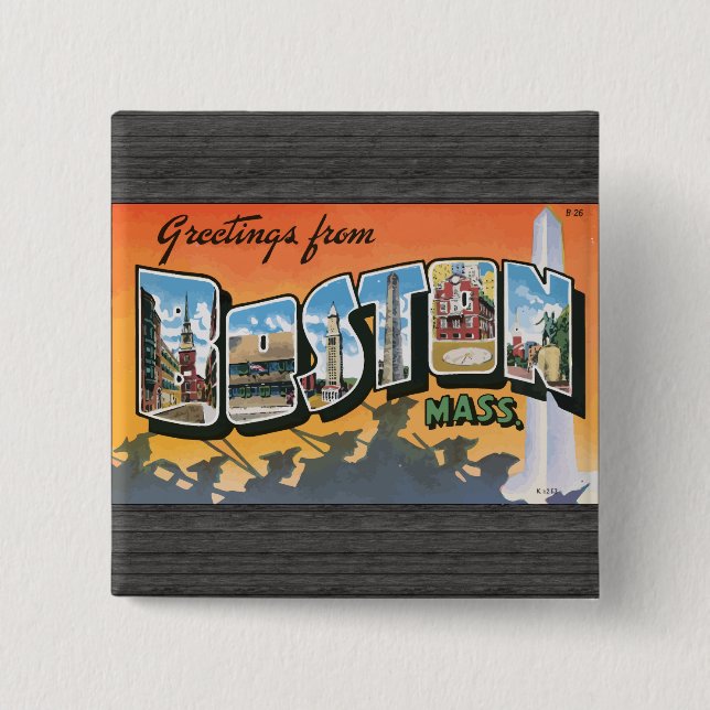 Greetings From Boston Mass., Vintage Button (Front)