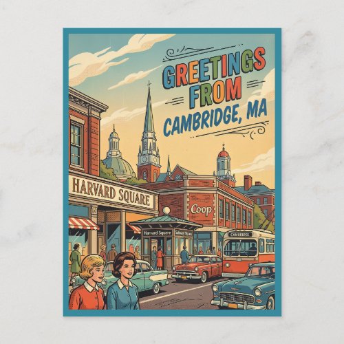 Greetings from Cambridge MA Harvard Square Retro  Postcard