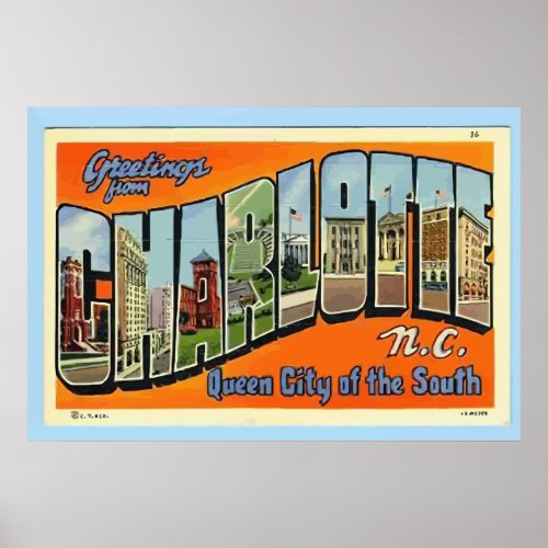 Greetings From Charlotte NC  Vintage Poster