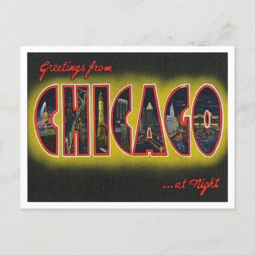 Greetings from Chicago at Night Illinois Postcard