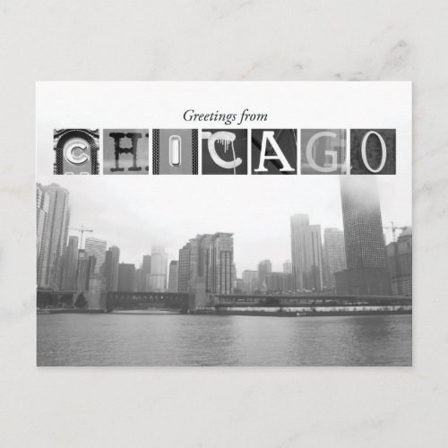 Greetings from Chicago Black and White Skyline Postcard