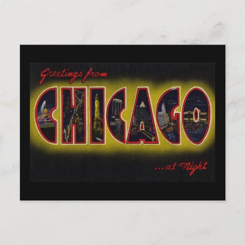 Greetings from Chicago Illinois At Night Postcard