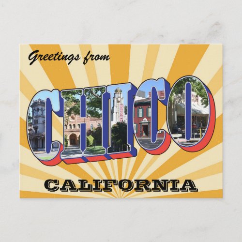 Greetings from Chico Retro Postcard on Sunburst