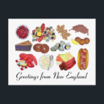 Greetings from Coastal New England Food Cuisine Postcard<br><div class="desc">Print features an original illustration of an assortment of classic New England foods, including cranberries, blueberry pie, lobster, a seafood clambake, cider donuts, clam chowder, clams, maple candy, boiled dinner, Boston baked beans, clamcakes, and a lobster roll. All of the best foods of Maine, Massachusetts, Rhode Island, Vermont, and New...</div>