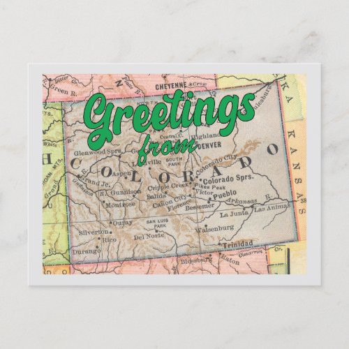Greetings from Colorado on Vintage Map Postcard