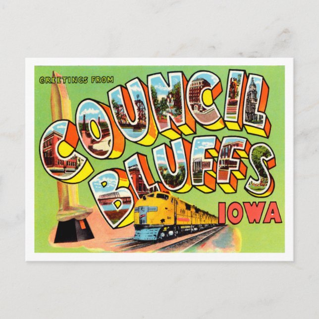 Greetings from Council Bluffs, Iowa Vintage Travel Postcard (Front)