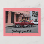 Greetings from Cuba Red Car Pink Building Postcard