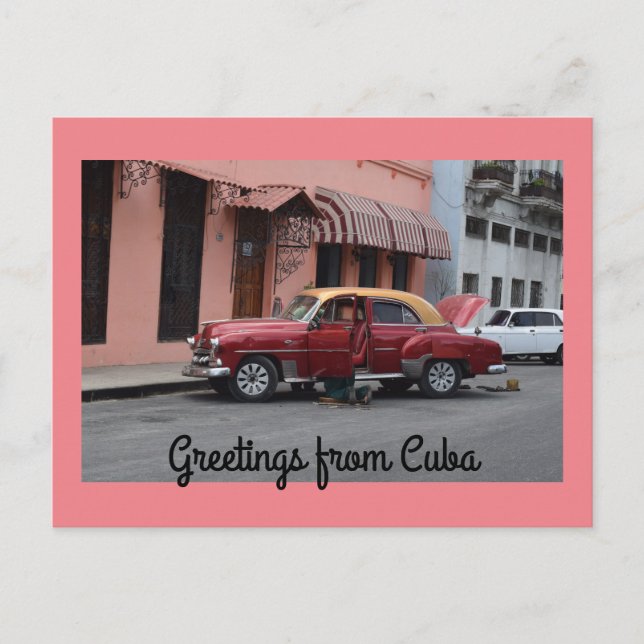 Greetings from Cuba Red Car Pink Building Postcard (Front)