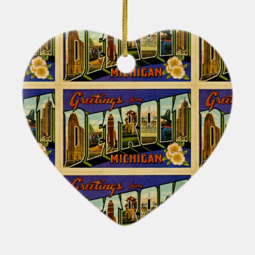 Greetings from Detroit Michigan Vintage Post Card Ceramic Ornament