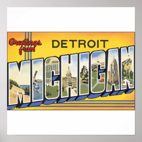 Greetings From Detroit Michigan Vintage Poster