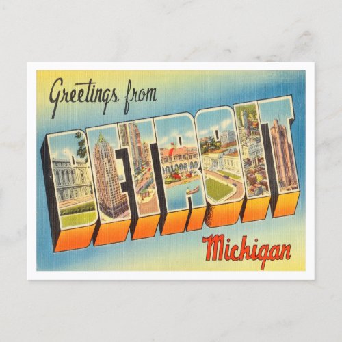 Greetings from Detroit Michigan Vintage Travel Postcard