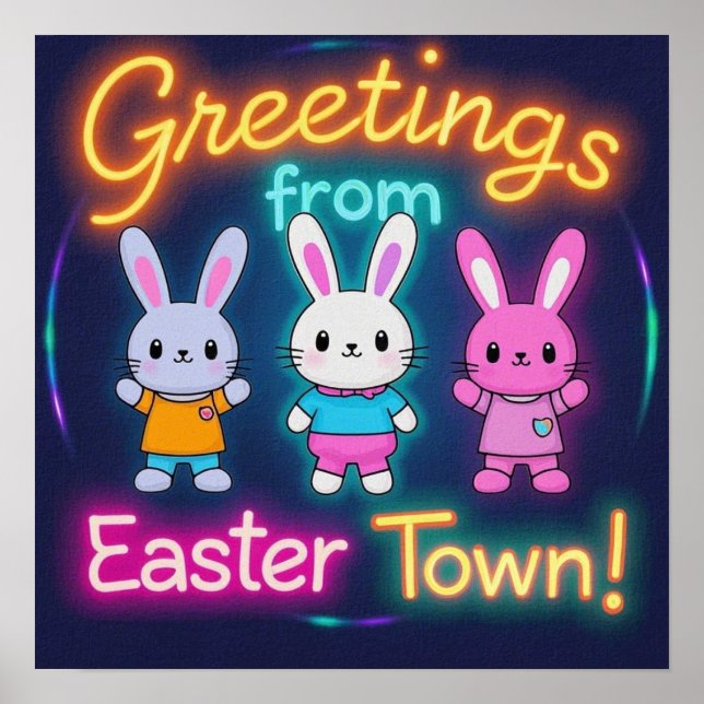 Greetings from Easter Town Colorful Bunnies Poster (Front)